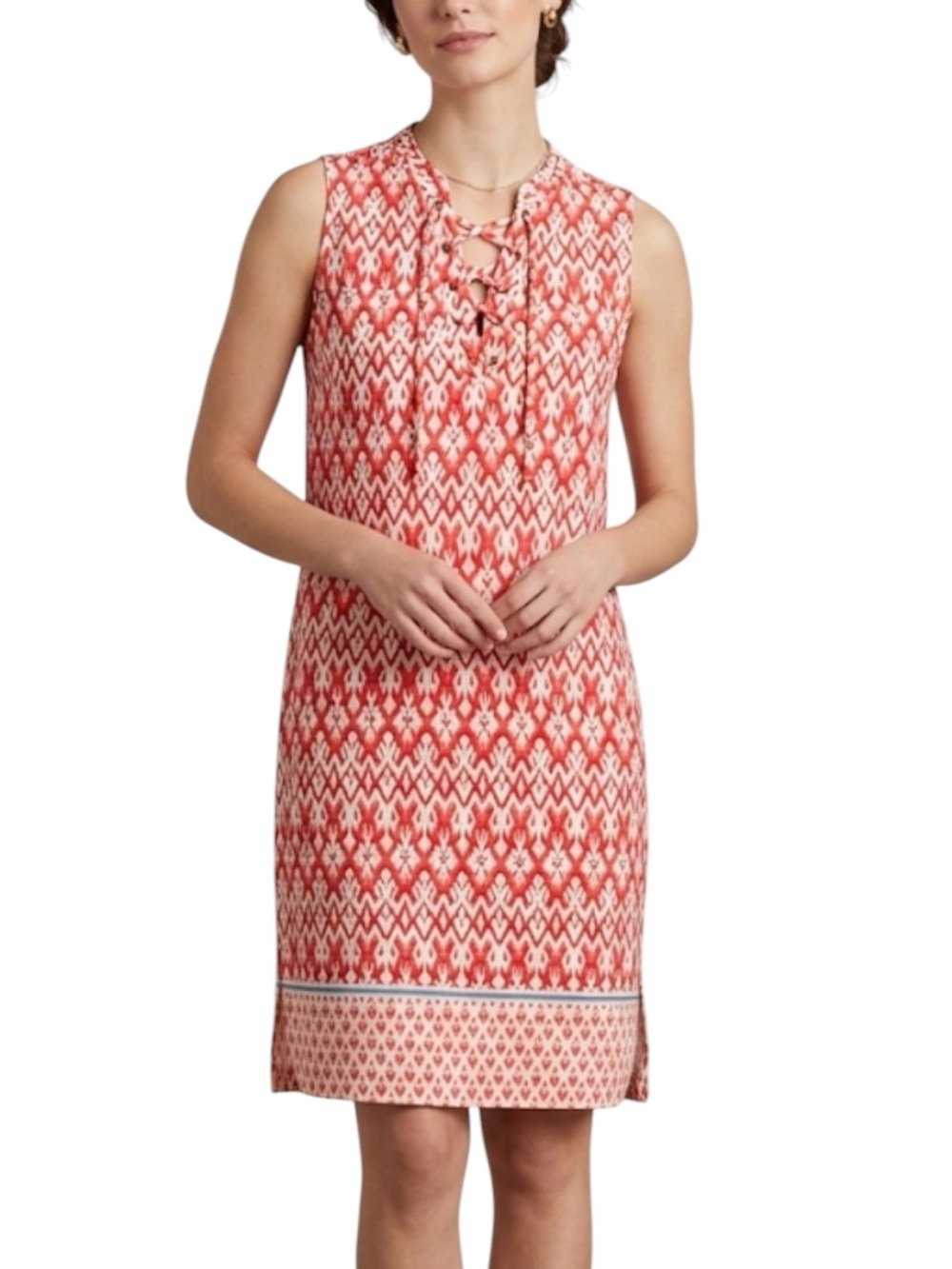 Beach Lunch Lounge Sleeveless Coral Ikat Boho Shift Dress Size L Lace-Up Neck